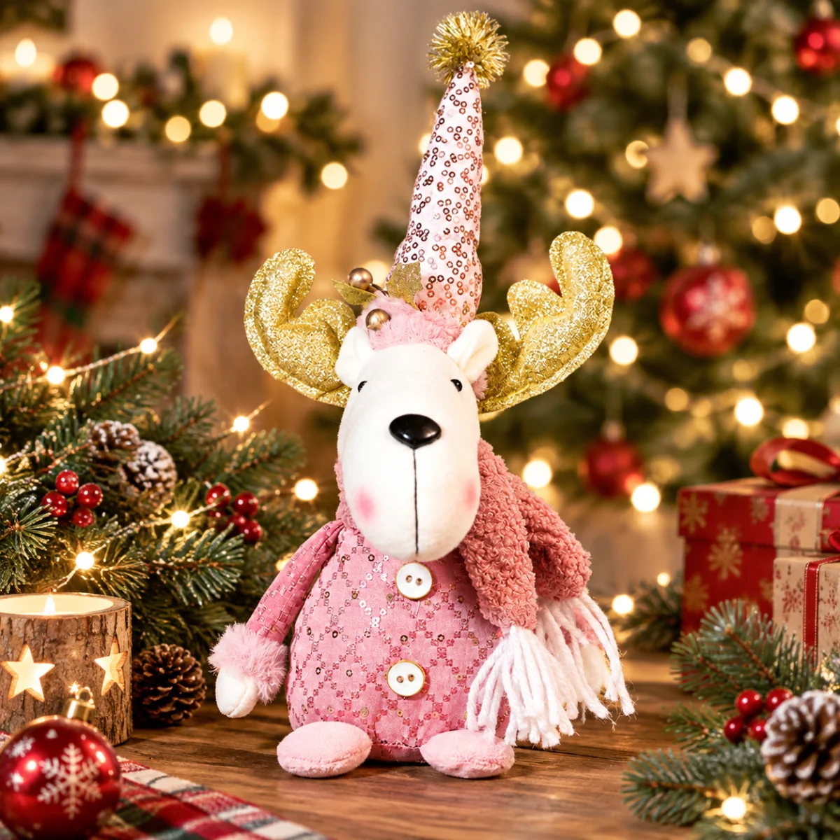 Cute Pink Sequin Christmas Gnome Snowman Reindeer Ornaments Wooden Base Standing Plush Doll Home Tabletop Decor Set