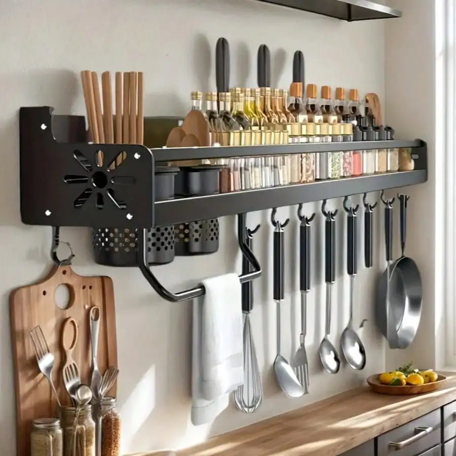 

1pc Space-Saving Black Carbon Steel Kitchen Organizer - Wall Mounted Rack With Hooks For Spoons, Spatulas