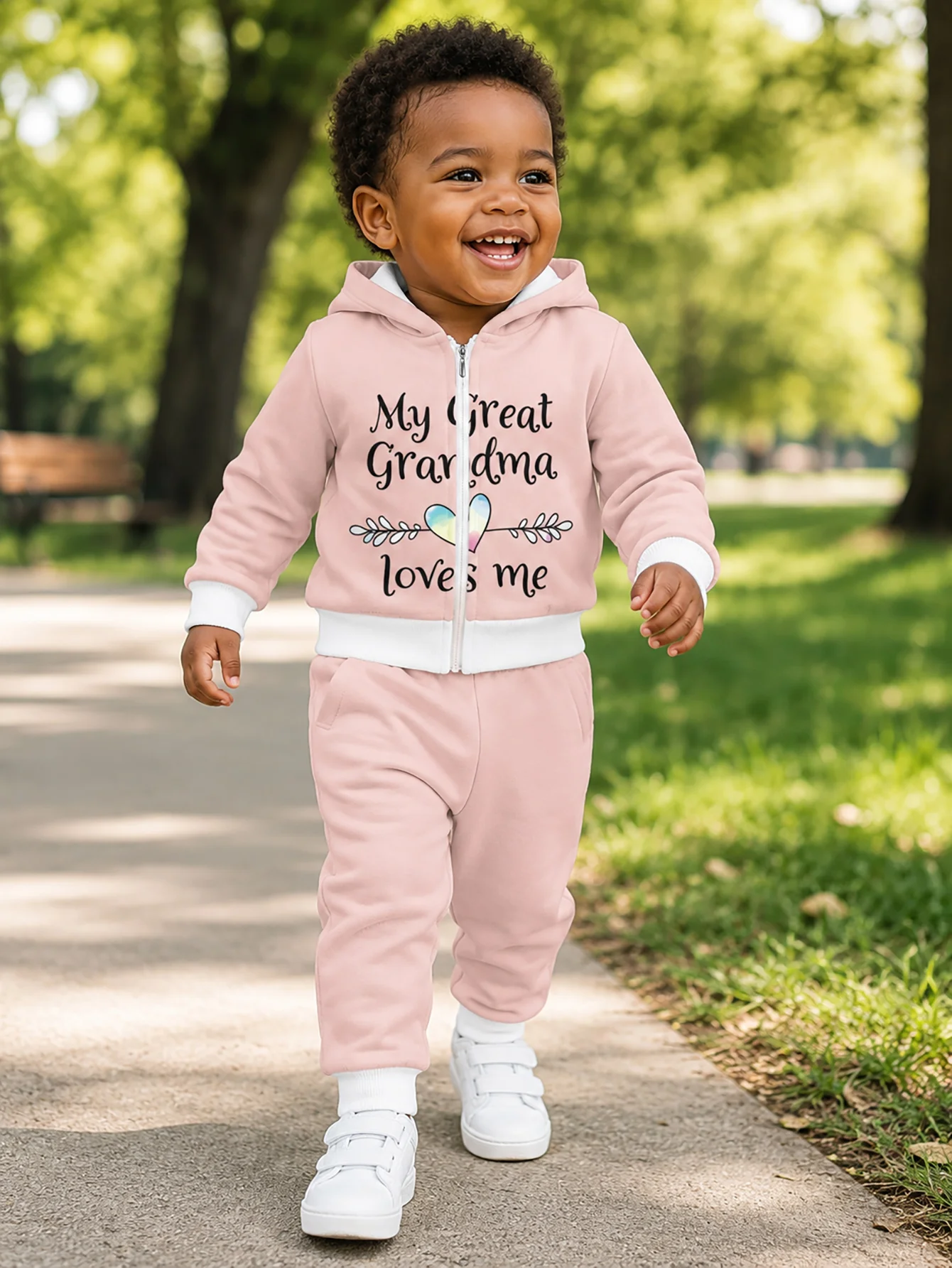 Hooded Zip Up Loose Sweatshirt Pants Set Heart Letter Print Pink Long Sleeve Loose Fit Boys Fall Winter New Style Casual Fashion
