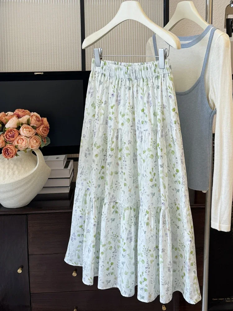 Spring Summer New Women Floral Printed Skirts Casual Versatile Long Skirts Fashion Elastic Waist Female Loose Cake Skirt