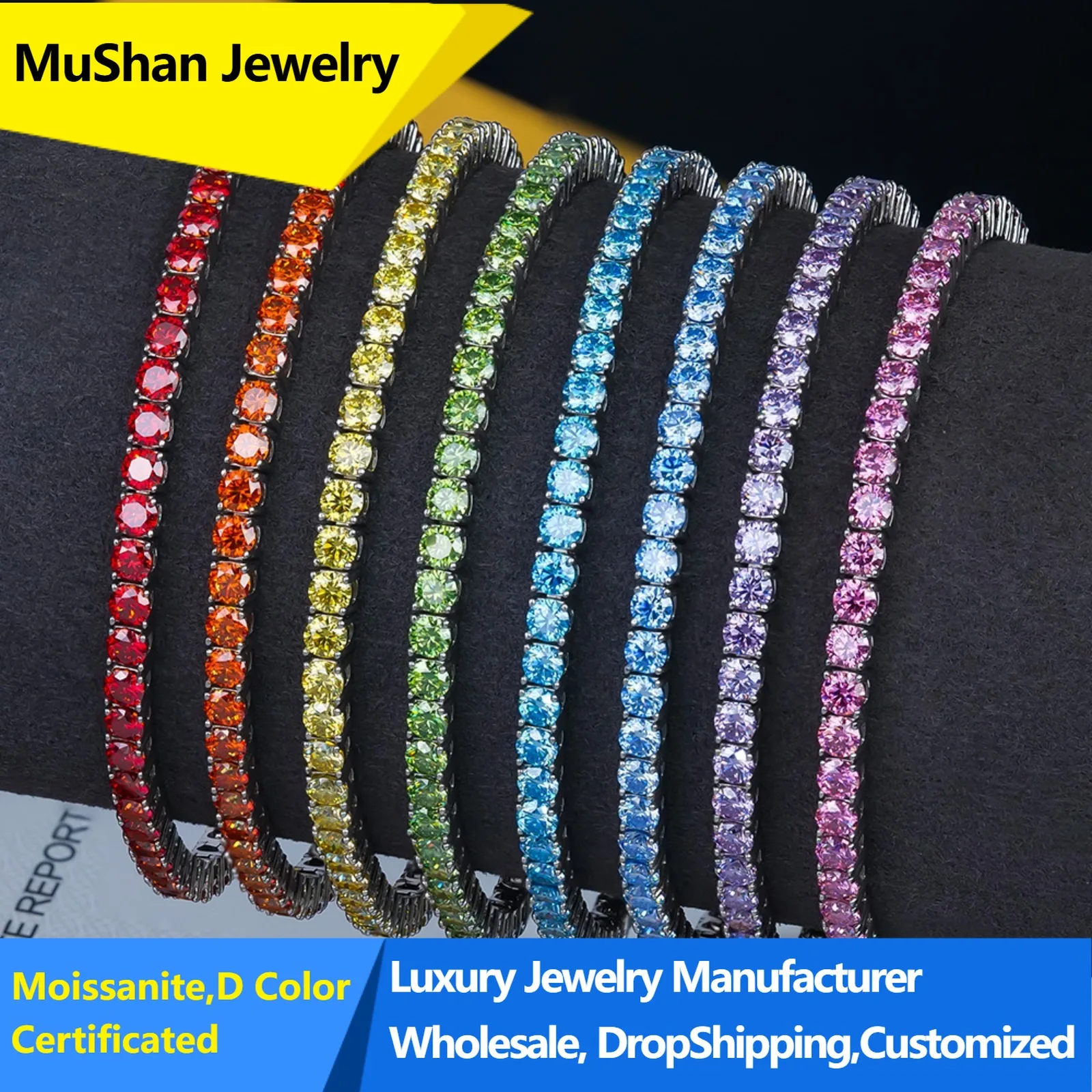 MuShan Jewelry 925 Sterling Silver Chain Bracelet Bangles D Color Moissanite Diamond Cuff Bracelets Bangles for Women Men Unisex