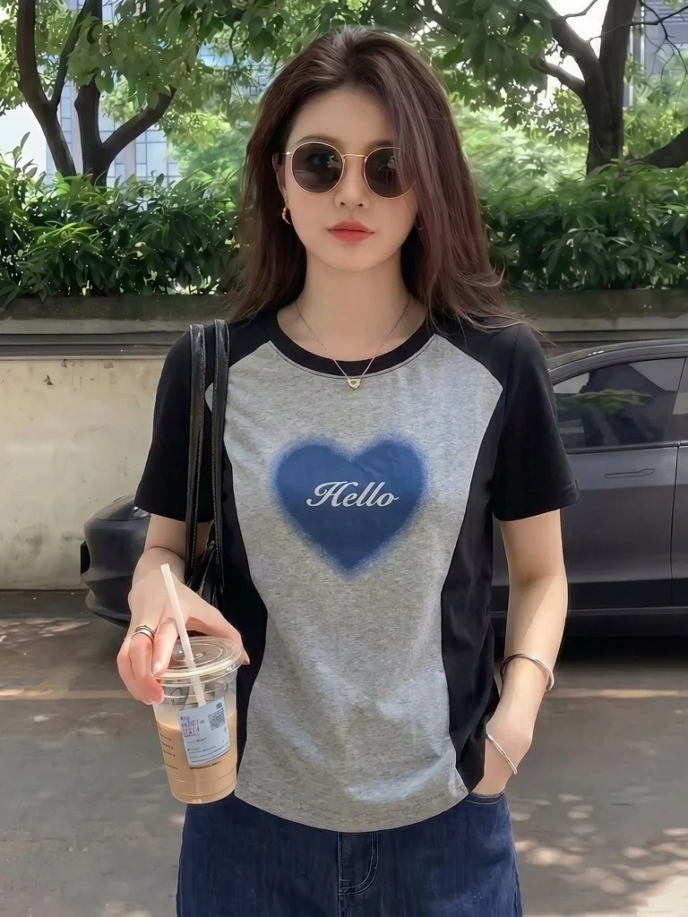 Summer New Women's Heart Shaped Short Sleeve T-Shirt Shoulder Length Design plus Size Irregular Korean Style Casual Top