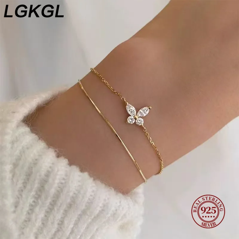 

LGKGL Real 925 Sterling Silver 14K Gold Zircon Bowknot Chain Bracelet For Women Trendy Fine Jewelry Minimalist Accessories