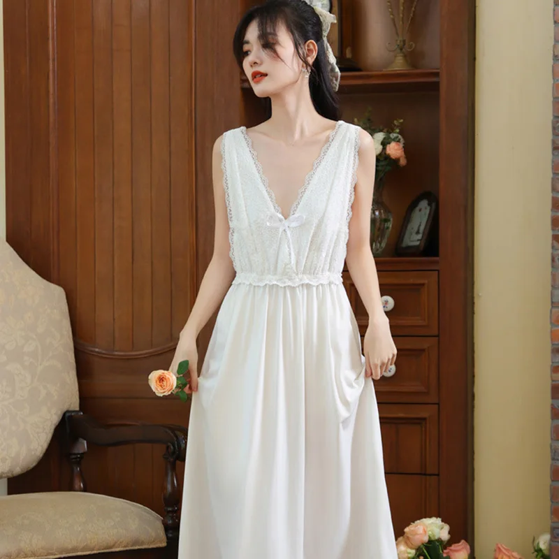 

Женская летняя винтажная ночная сорочка на бретельках с кружевом, длинная, с подкладками на груди, хлопковая, для дома, в стиле принцессы