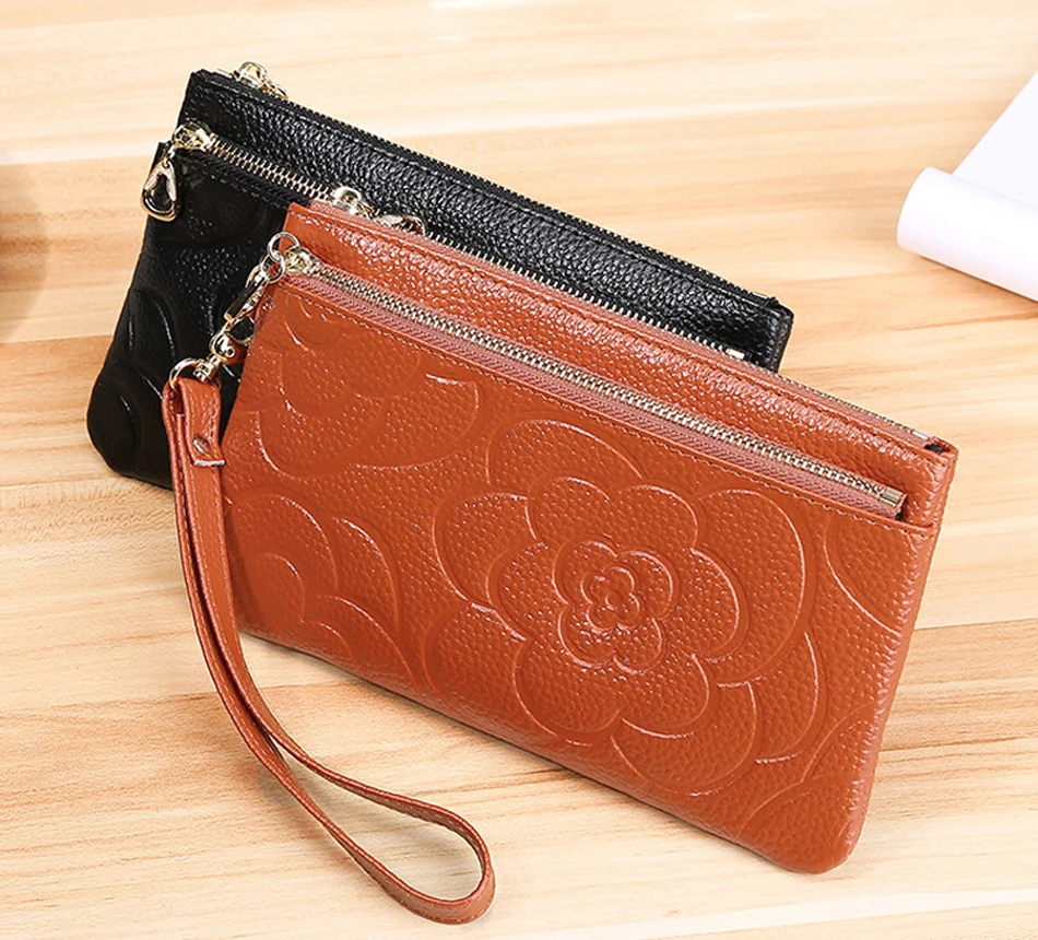 DHL50pcs Women PU Floral Embossing Prints Double Layer Long Phone Coin Purses