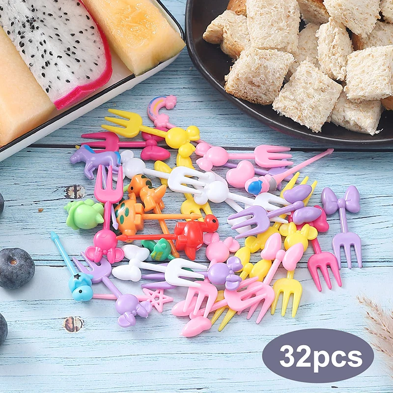 32Pcs Food Picks for Kids Children Cute Cartoon Snack Fruit Forks Reusable Mini Cake Dessert Toothpick Lunch Box Accessories