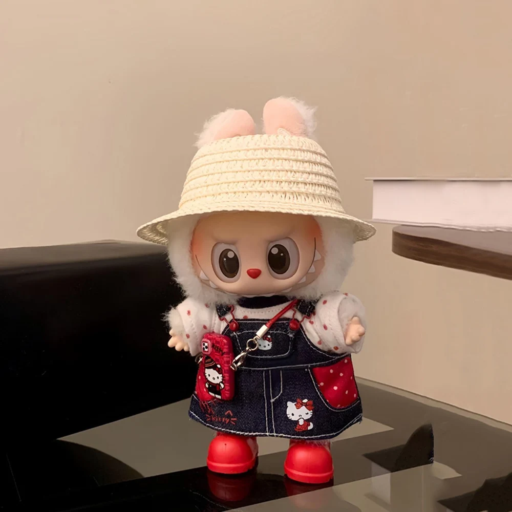 For Labubu Trendy Sanrio Hello Kitty Strap Skirt 17cm Doll Cross-dressing Game Plush Doll Accessories Decora Girl Gift