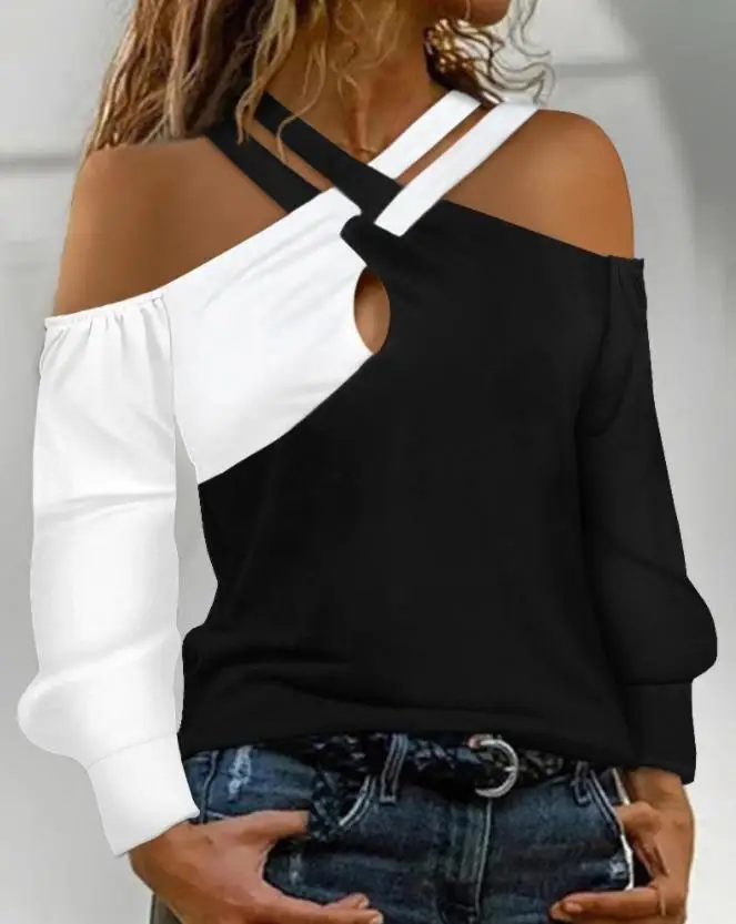 Colorblock Crisscross Cold Shoulder Long Sleeve Top Casual Tee t-shirts fashion woman blouses 2022 women outfits female clothing