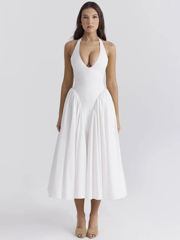 2025 nova dupla camada halter sexy midi vestido longo para as mulheres verão elegante plissado sem costas clube festa vestido de noite