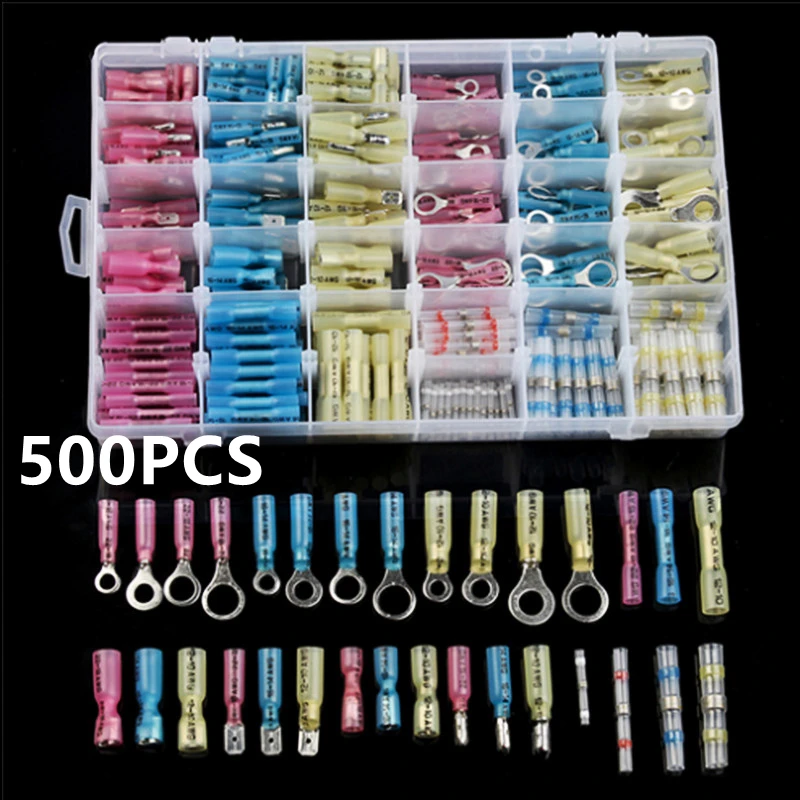 

500Pcs Waterproof Heat Shrink Butt Connector Ring Spade Terminals Quick Connect Insulated Wire Terminal Assortment Kit