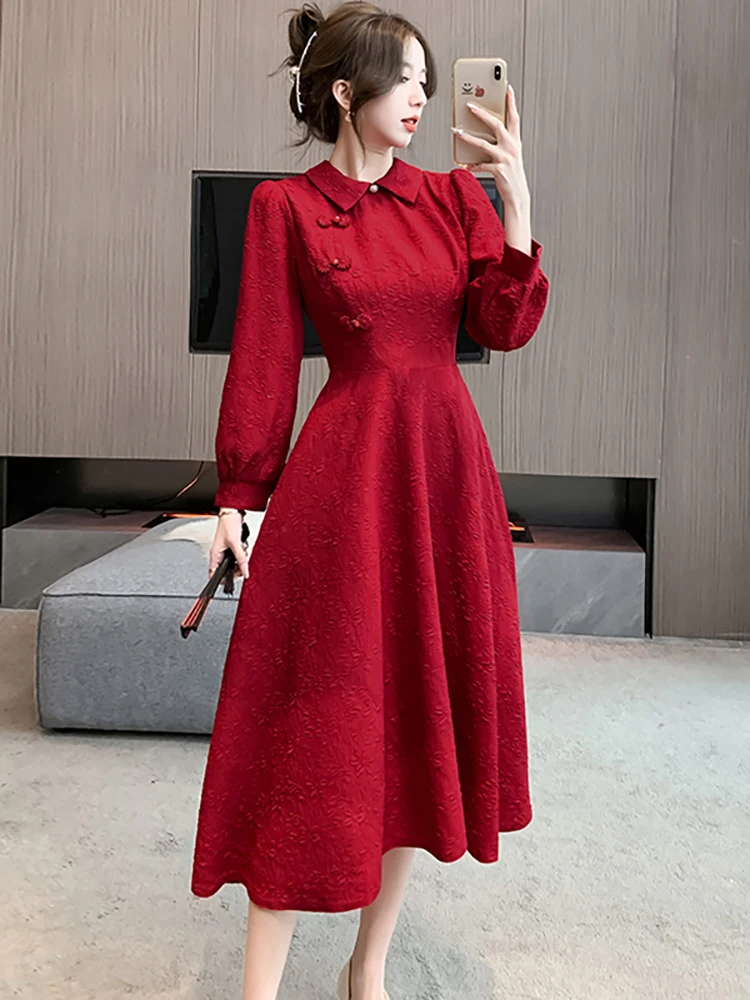 Autumn Winter Red Jacquard Long Sleeve Polo Collar Midi Dress Women Luxury Elegant Formal Dress 2024 Korean Bodycon Party Dress