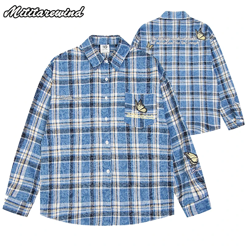 

Spring Autumn Long Sleeve Plaid Shirt Men Hip Hop Streetwear Washed Embroidery Shirt For Men and Women Blue Pink Shirts Blouses