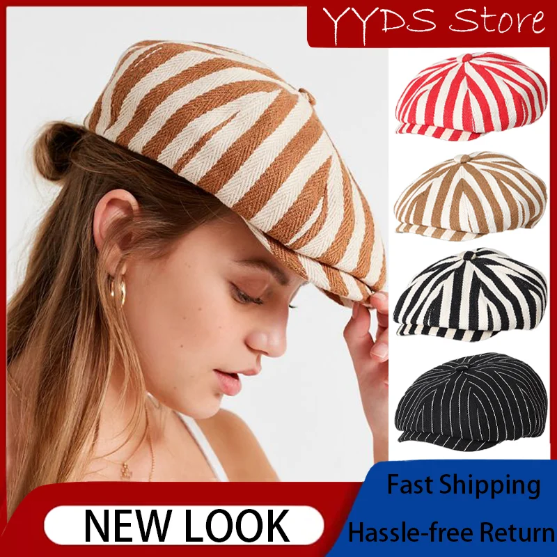 Parent-child Yarn-dyed Denim Thick Striped Cloth Painter Hat Newsboy Hats for Kids Classic 8 Panel Striped  Peaked  Berets Cap