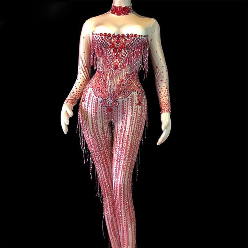 

Red Rhinestones Tassels Jumpsuit Stretch Crystals Bodysuit Sexy Bar Party Women Stage Outfit Rhinestone Birthday Gift