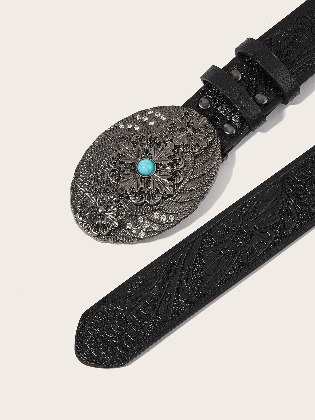 1pc Women Black Western Belt PU Leather Embossed Waist Belt With Turquoise Buckle For Jeans Dress Festival