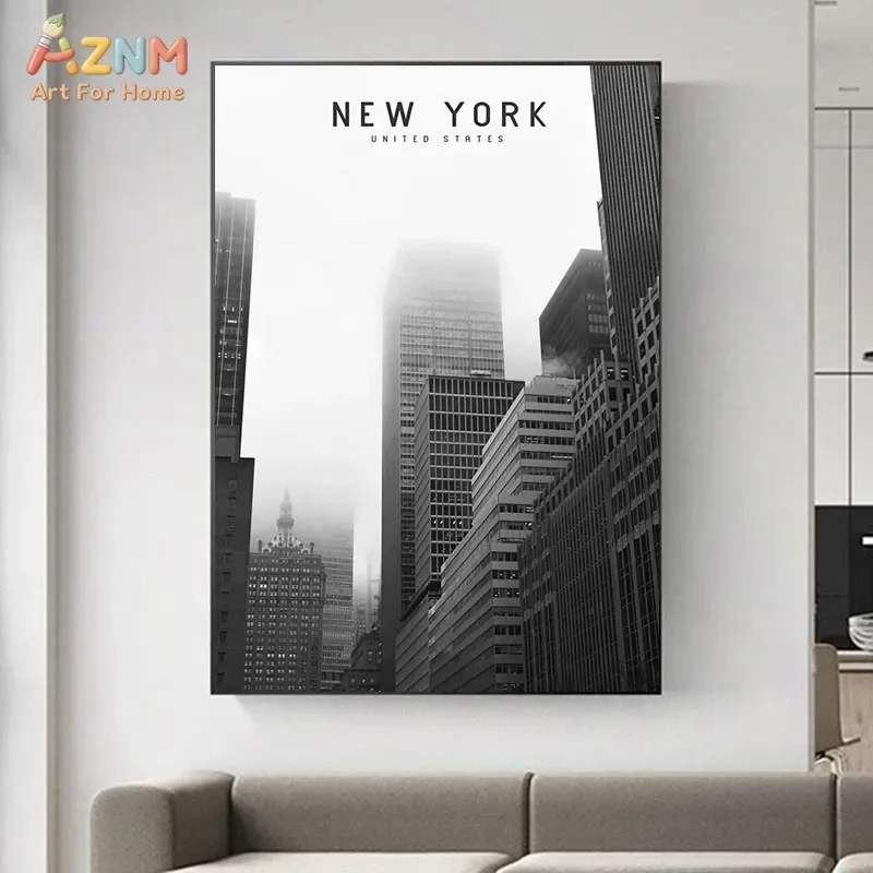 AZNM Vintage New York City Street Architecture Canvas Wall Art, Black White Urban Landscape Taxi Unframed Print For Living Room