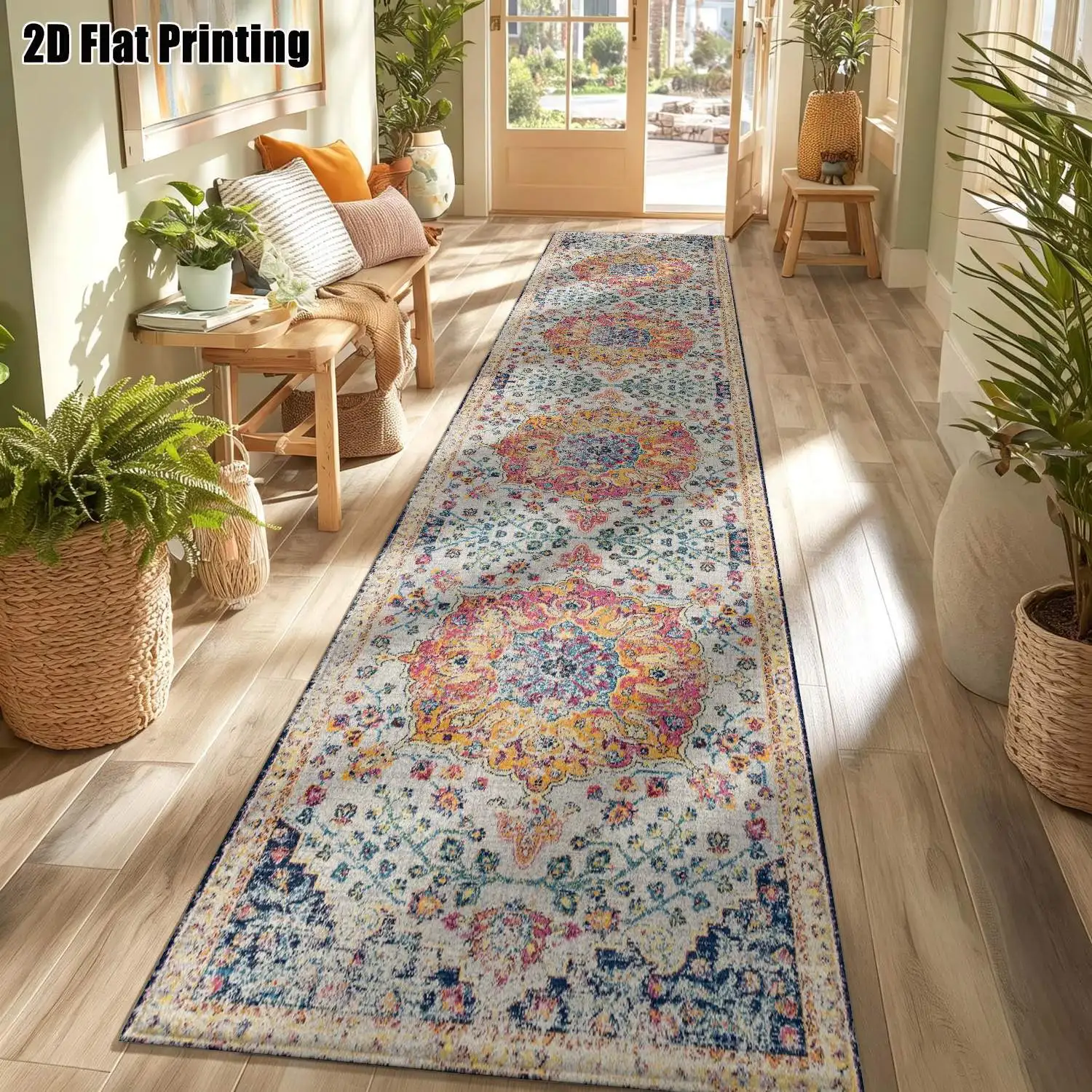1Pc 2D Printed Long Strip Rug: Pink-Blue Floral Geometric Pattern, European/Bohemian/Vintage/Simple Style, Home Decor, Multi-Size, Machine Washable, for Entrance, Hallway, Bedroom, Kitchen