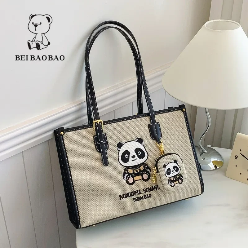 

Beibaobao Women's Handbag 2024 Summer New Bear Pattern Large Capacity Daily Commuting Shoulder Bag Casual Canvas Trendy Tote Bag