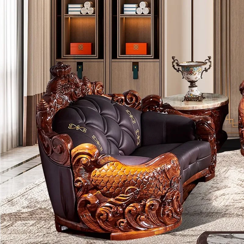 European Ebony Leather Sofa Large Apartment Living Room First Layer Cowhide High-end Solid Wood Carving Craft Furniture Combinat
