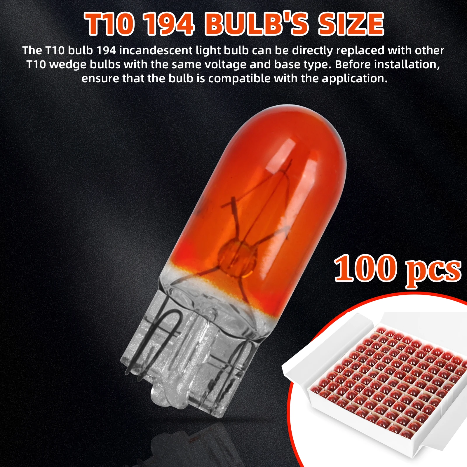 100PCS 194 T10 Amber Wedge Incandescent Instrument Panel Light Bulbs Cars Trucks Motorcycles Instrument Panel Bulb Lamp