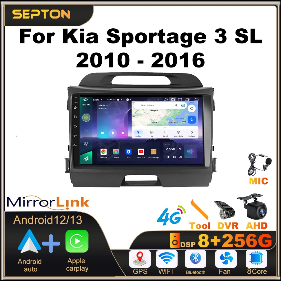 

SEPTON 8+256G Car Stereo Radio for Kia Sportage 3 SL 2010 - 2016 Android12 Multimedia Player Autoradio CarPlay GPS 2Din HeadUnit