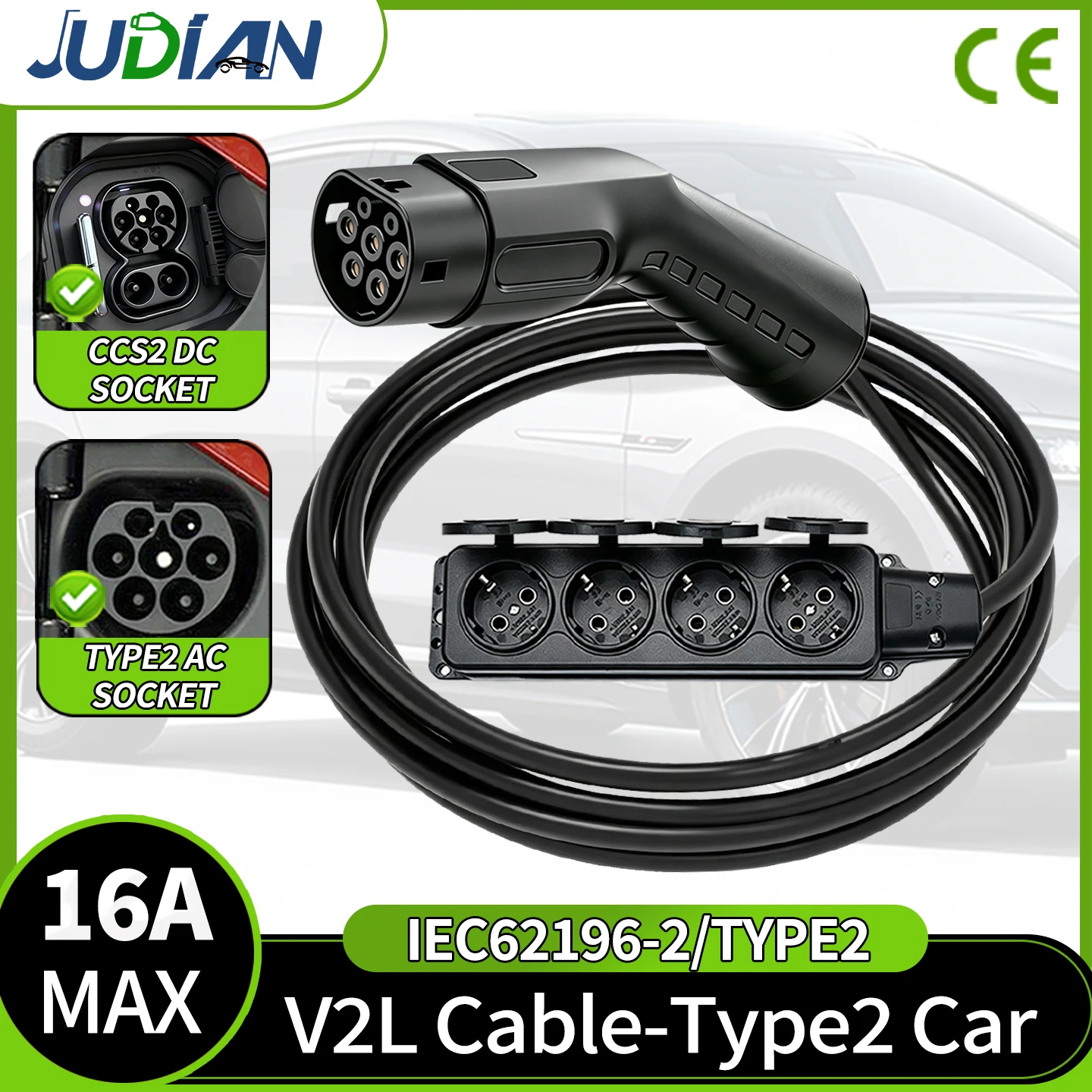 Type2 V2L Outdoor Power Discharger EV Vehicle-to-Load Outlet with EU Socket Compatible with BYD MG Geely Jaecoo ZEEKR XPENG
