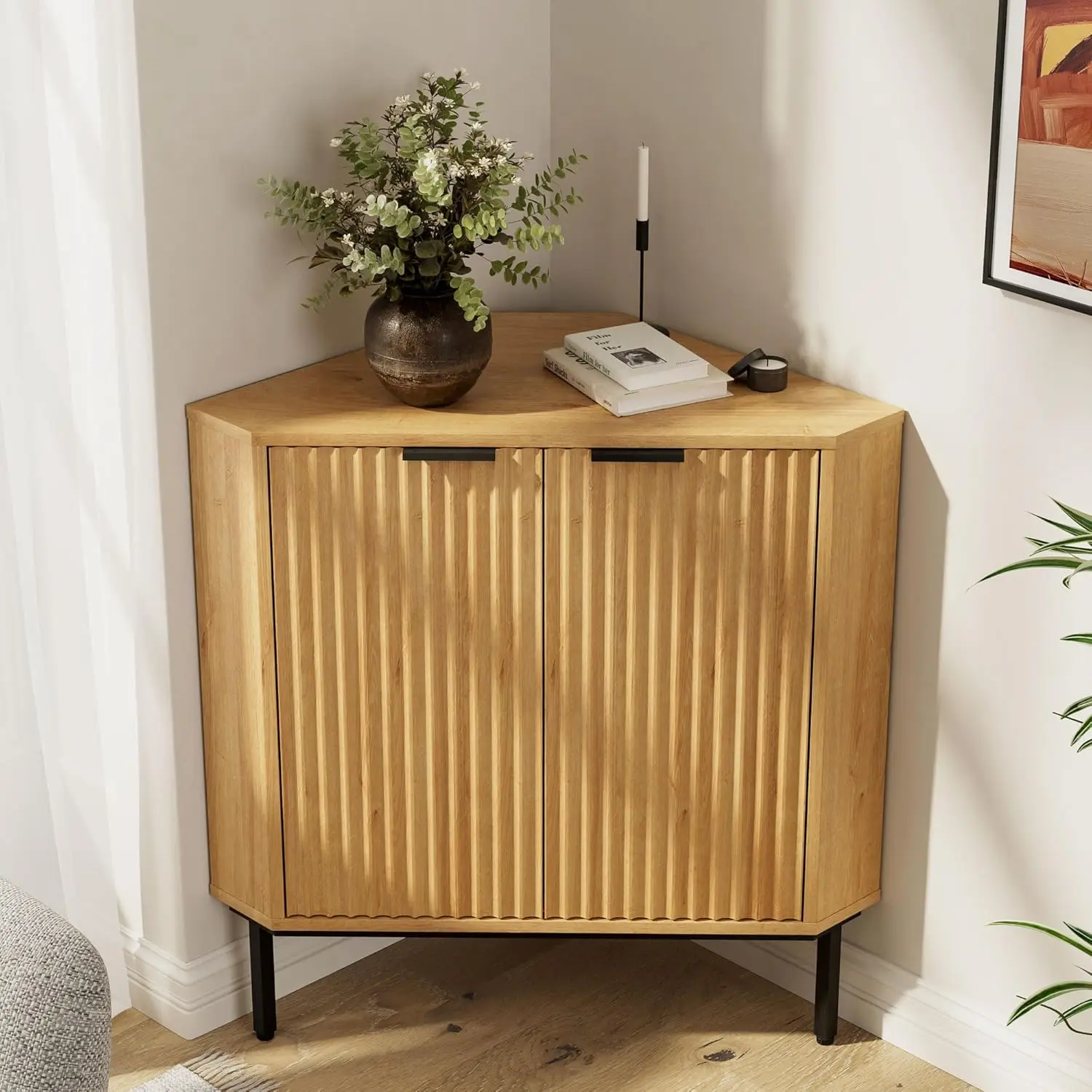 

Modern Corner Cabinet, Fluted Small Floor Storage Cabinet with Adjustable Shelf, Freestanding Narrow Organizer for, Customized