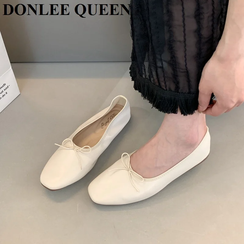 2024 Fashion Candy Color Flats Ballet Shoes Women Female Ballet Round Toe Shallow Bow Knot Ballerina Soft Moccasin Zapatos Mujer