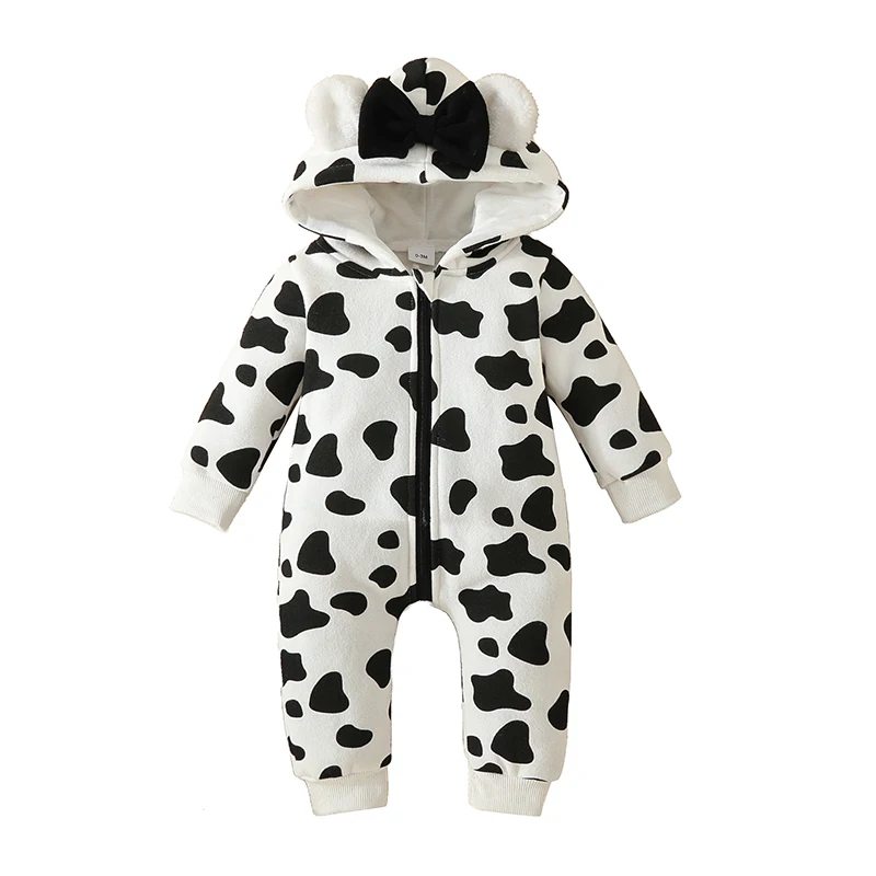 Newborn Baby Girl Hooded Jumpsuit Heart Cow Zip Up Long Sleeve Infant  Romper Snowsuit Valentines Day Outfit