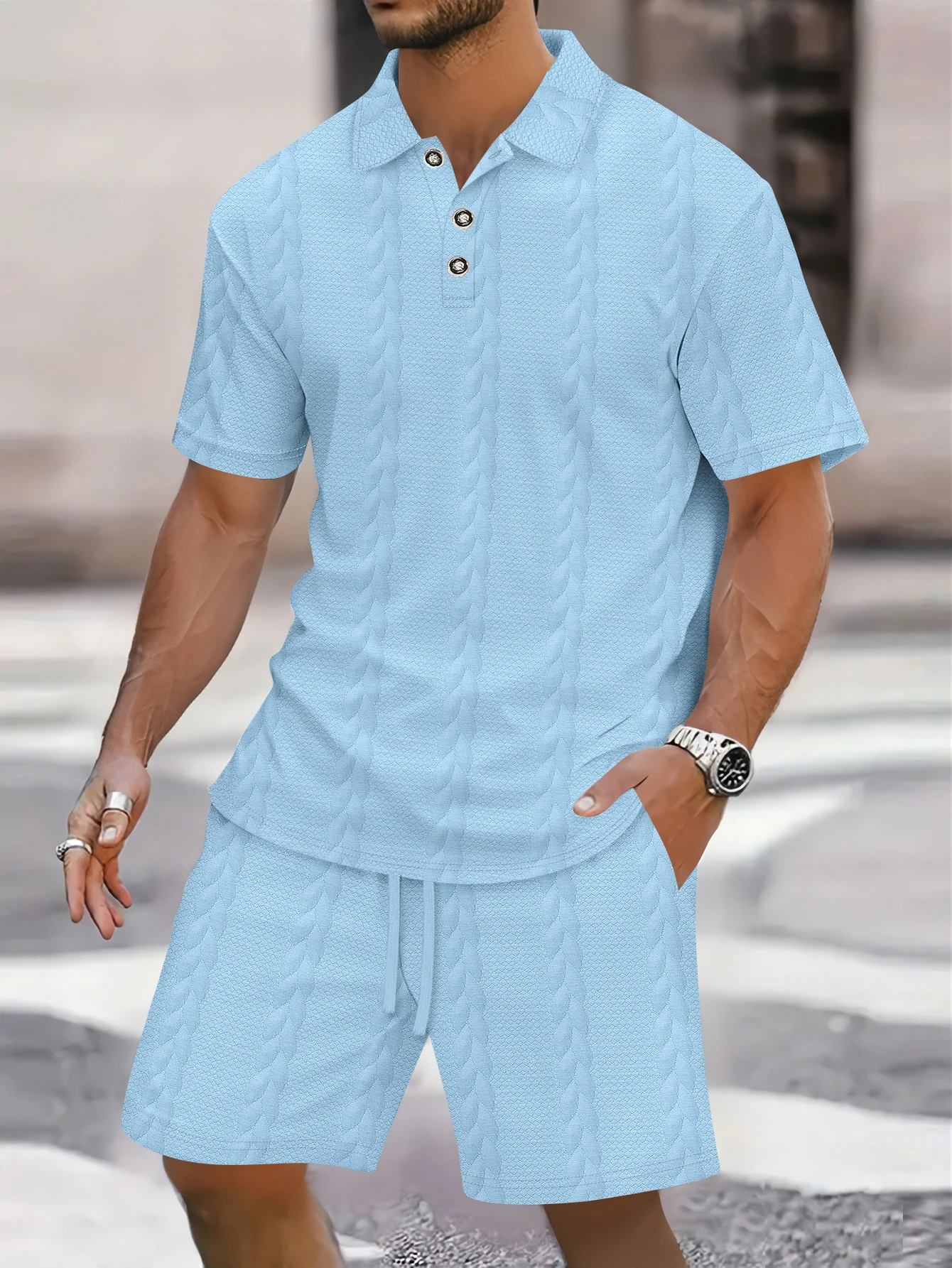 Bild 6: 2026 Sommer Herren Einfarbiges Jacquard Revers Knopfleiste Kurzarm & Shorts 2-teiliges Sportanzug-Set