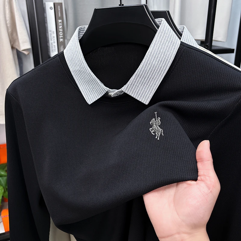 men's luxury autumn winter long sleeves false two-piece stripe lapel embroidery sweater leisure leisure business men's clothing