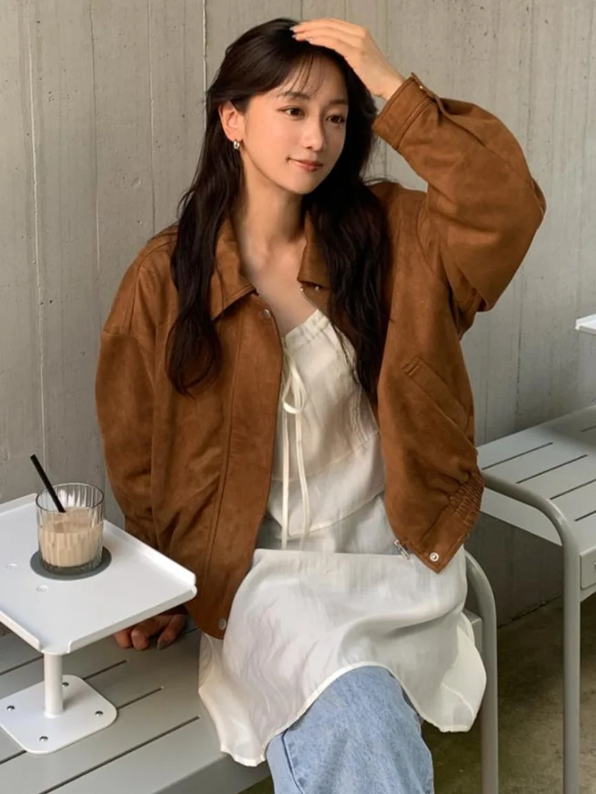 Retro Kurtka Motocyklowa z Zamkiem Błyskawicznym, Luźny Krój, Zamszowa, Długa, Elegancka Odzież Wierzchnia Damska na Jesień i Zimę, Idealna do Dojazdów do Pracy