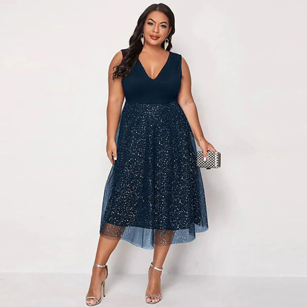 

Plus Size Sequined Mesh Women Dress Deep V-Neck Patchwork Slim Waist Tierred Hem Summer Female Dress 2025 New Vacation Dresses