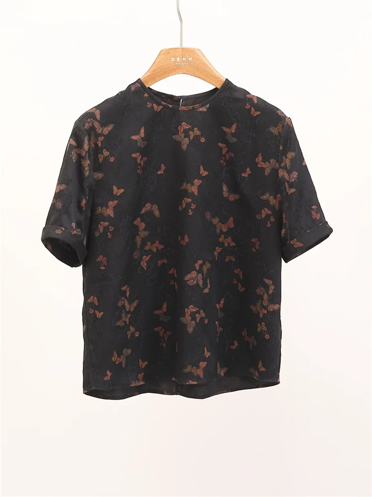 

Шелковая футболка с цветочным принтом для женщин: универсальная, удобная, простая, с коротким рукавом, круглым вырезом, для повседневной носки, весенний сезон