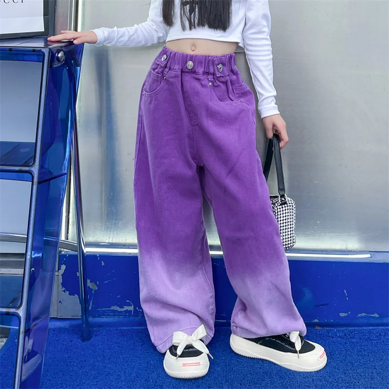 Jeans for Girls Candy Color Fashion Gradient Wide Leg Pants Children\'s Clothes Spring Autumn Teenager Cotton Streetwear Trousers