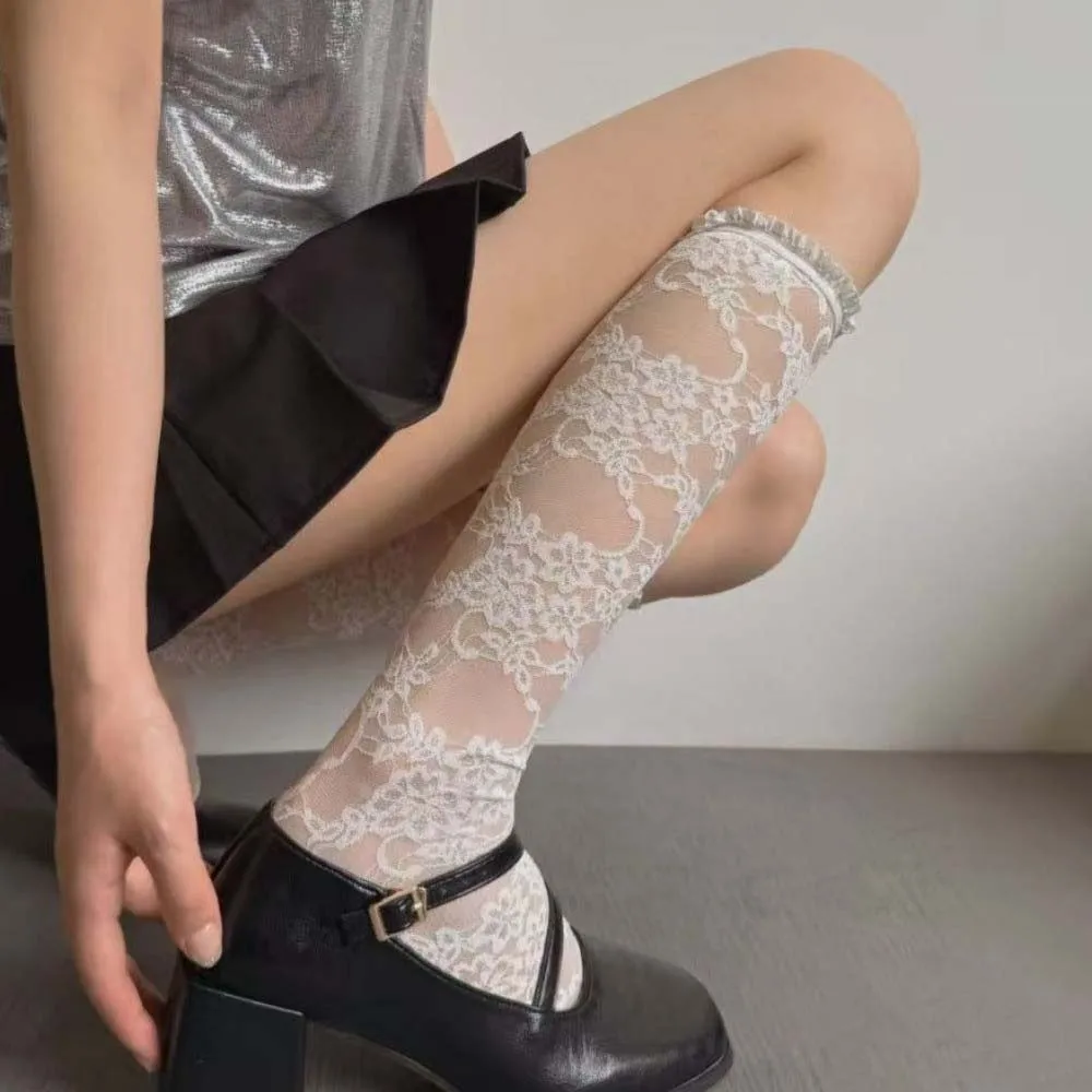 Ruffle Lolita JK Mid-Calf Socks Mid-Calf and Long Transparent Flower Leg Warmers Hollow Out Academy Style Lace Silk Hosiery