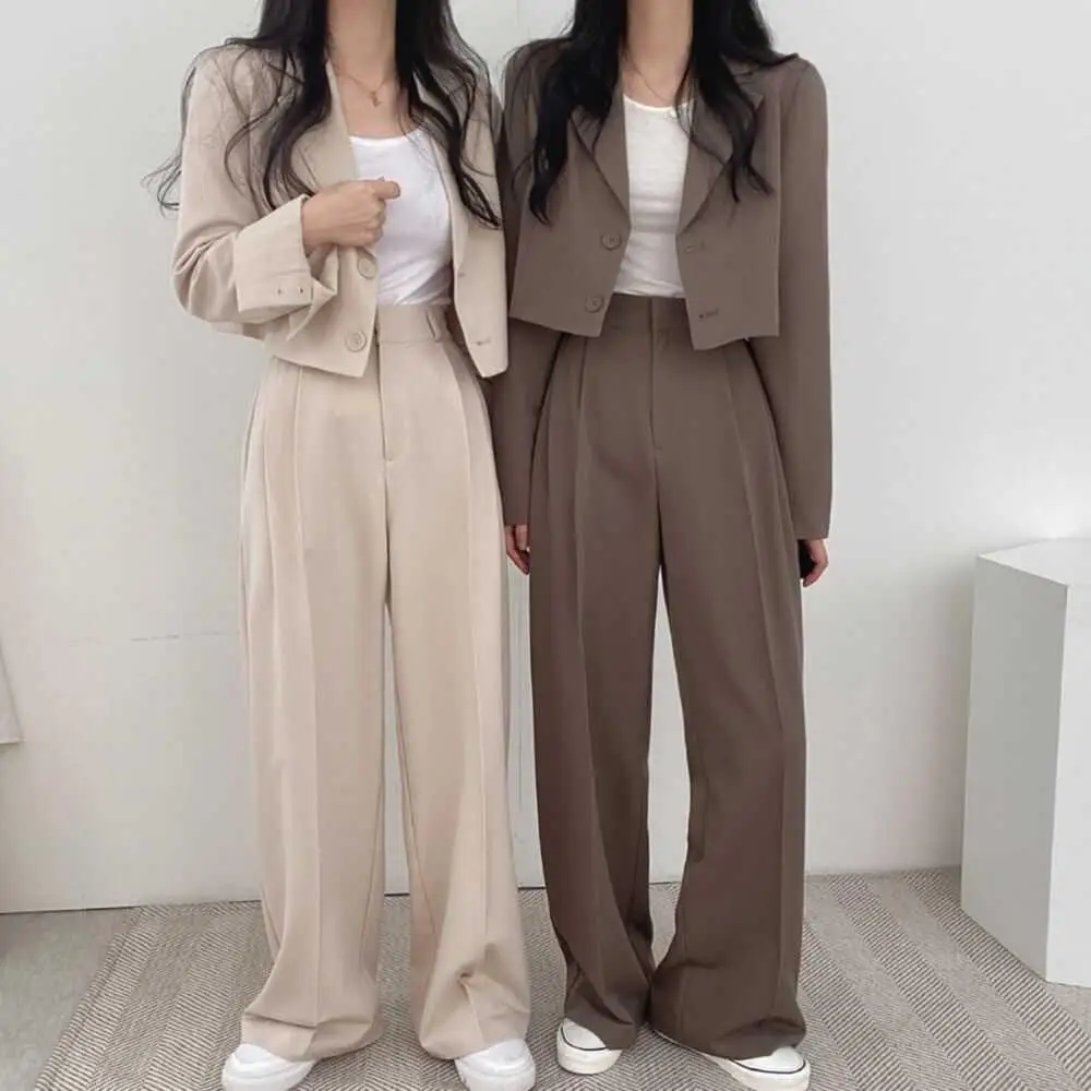 

DAYIFUN-Women's Wide Leg Blazer and High Waist Pants Set Female Jacket Elegant Short Suits Top Casual Coats Korean Fashion 2 Pcs