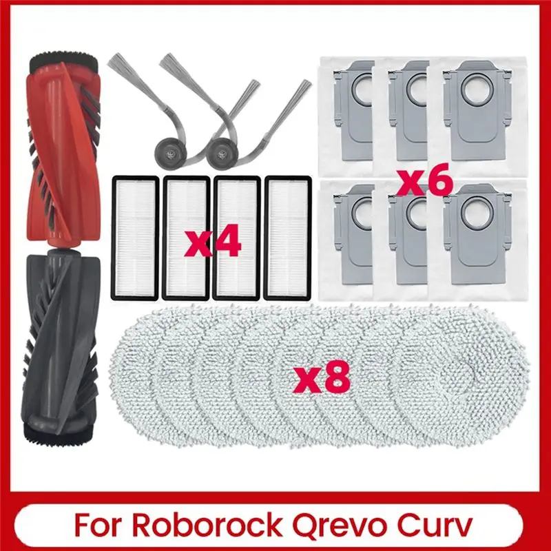 L68A 21PCS For Roborock Qrevo Curv Robot Vacuum Cleaner Parts Dual Main Brush Side Brush Filter Mop Cloth Dust Bag