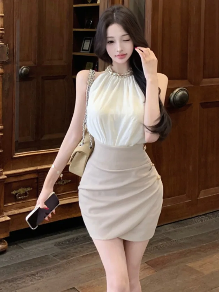 

Sexy Semi-Body Skirt Set with Heavy Embelliment And Diamond for Women in Summer High Waist Wrap around ort iny Chiffon Top