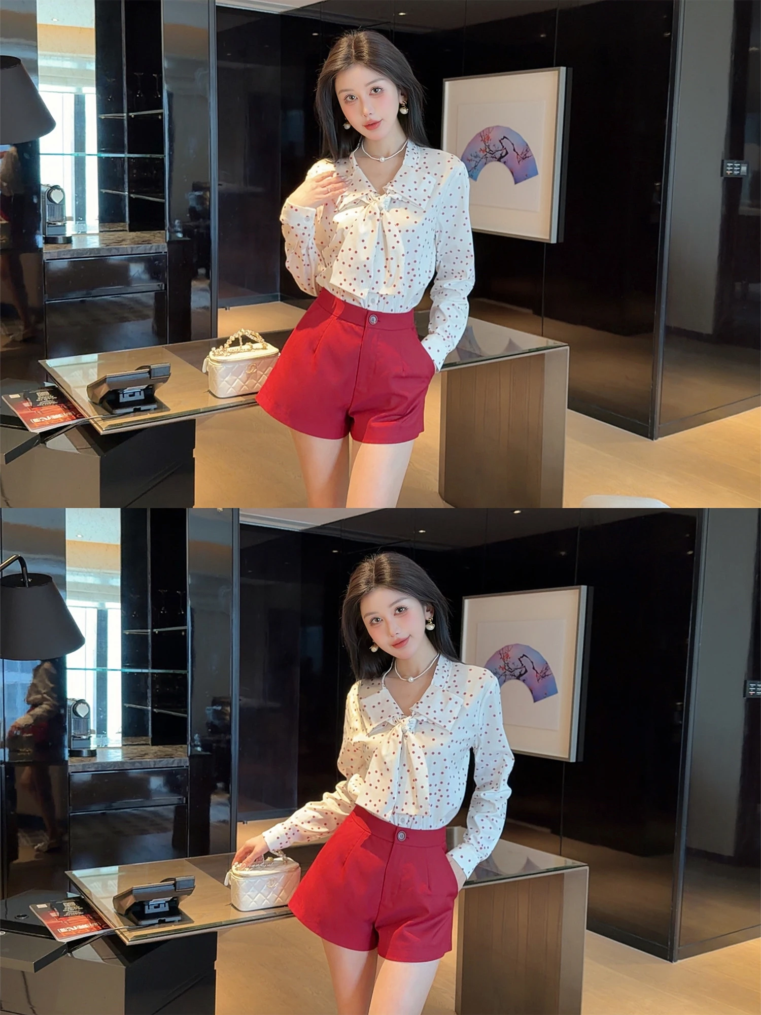 

Retro Red Polka Dot Knot Silk irt Women's Waist Cinching Slimming Top LADIESFIRST Casual Sle Long Sve Cotton...