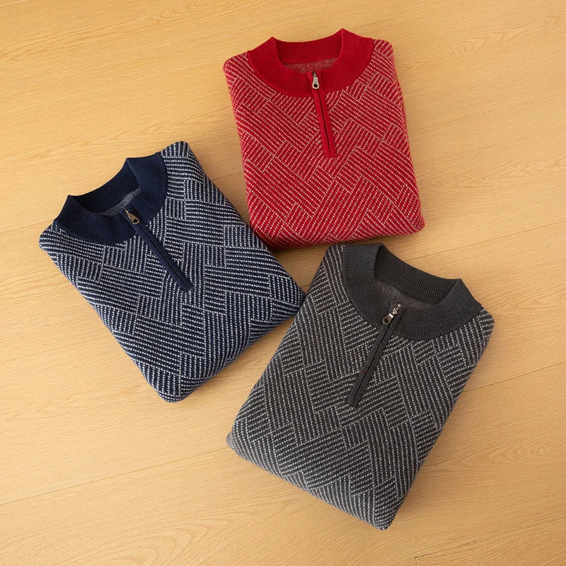 Outono e inverno masculino meia altura com zíper pescoço engrossado camisola jacquard lã camisola de negócios