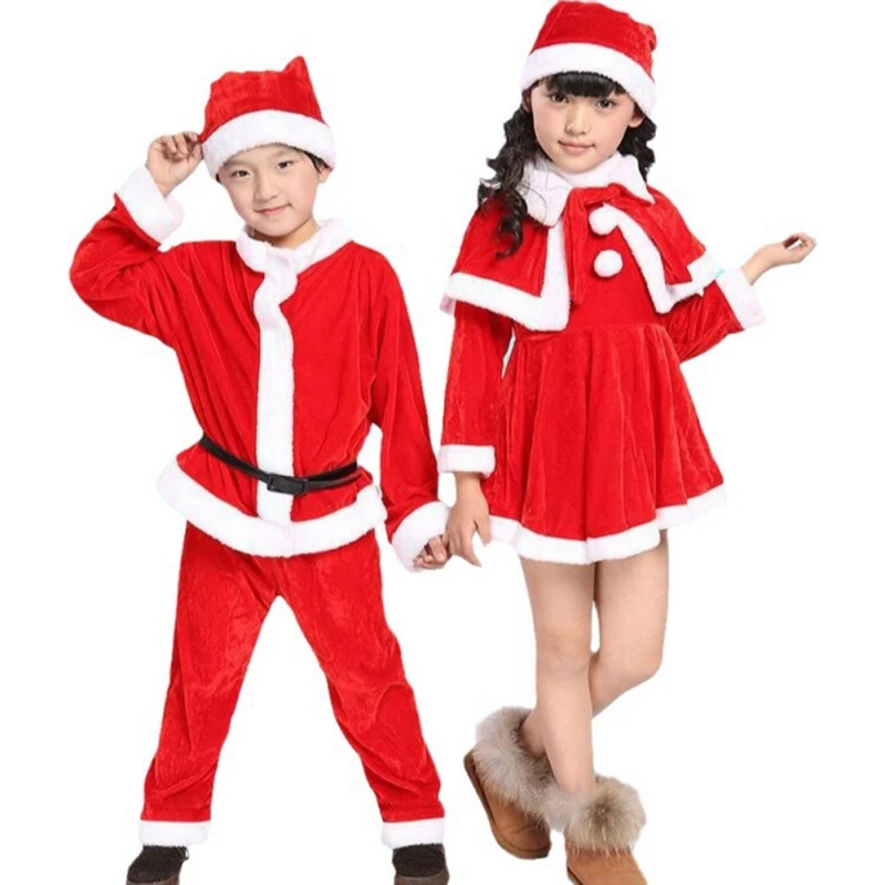 Costumi di natale bambini vestono ragazzi ragazze che eseguono vestiti Set vestiti di babbo natale cappello + mantello + gonna vestito o cappello +