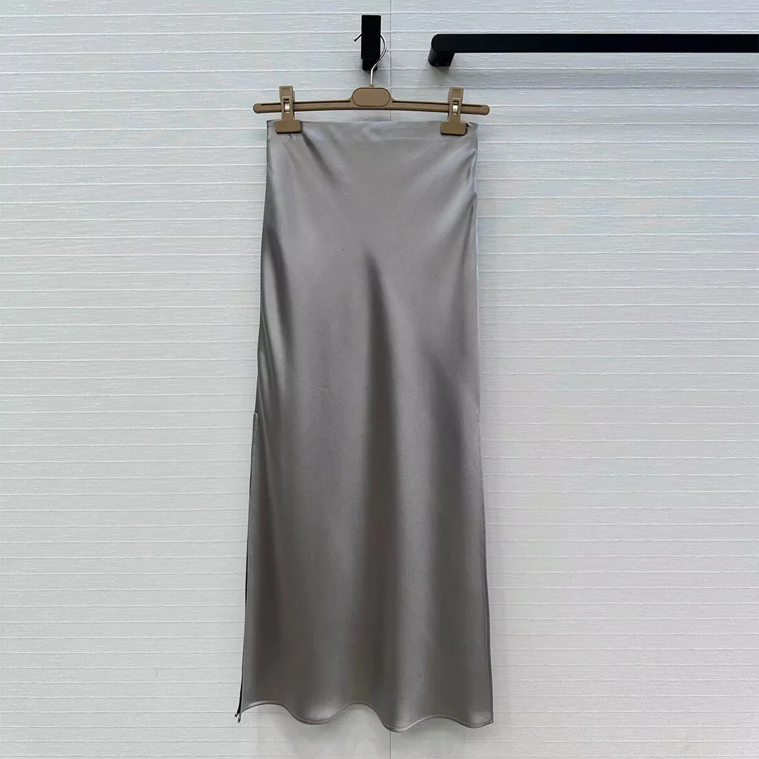 

Elegant Office Lady Fashion Satin Acetate Shinny Long Skirts Womens High Waist Solid Color Side Split Design Casual Brief Skirt