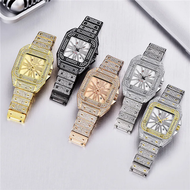 Unique Cool Brand Designer Watches For Men Hip Hop Diamond Fashion Alloy Band Date Golden Quartz Watch Montres de Marque de Luxe