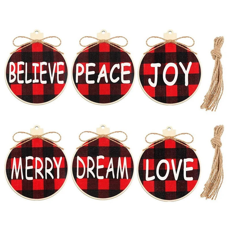 18 Pieces Christmas Wooden Hanging Ornaments Buffalo Plaid Printed Decorations Xmas Wishes Crafts Wooden Tags 6 Styles