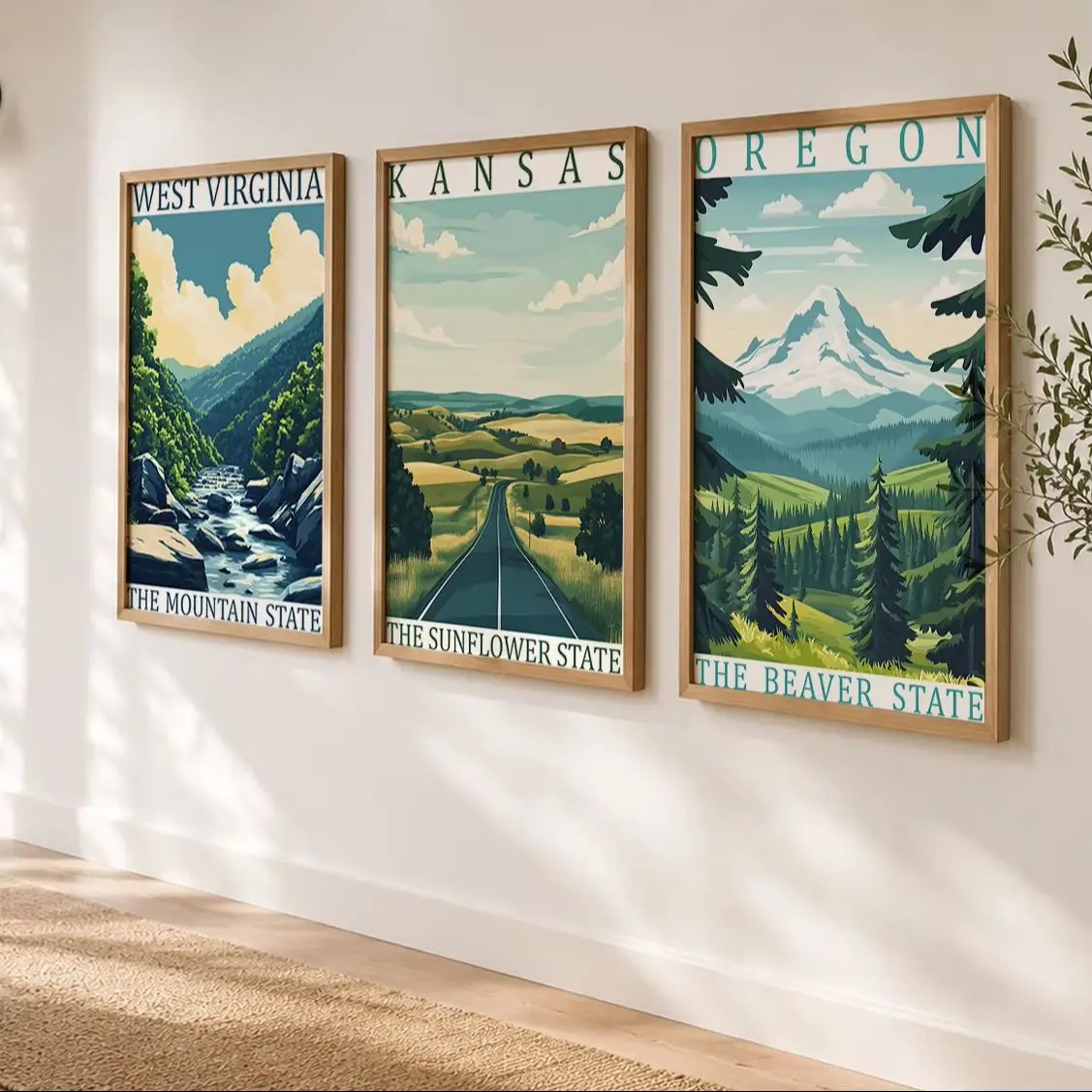 USA State Vintage Wall Art, Retro Landscape Canvas Painting, American Natural Scenery Poster Prints for Living Room Home Deco