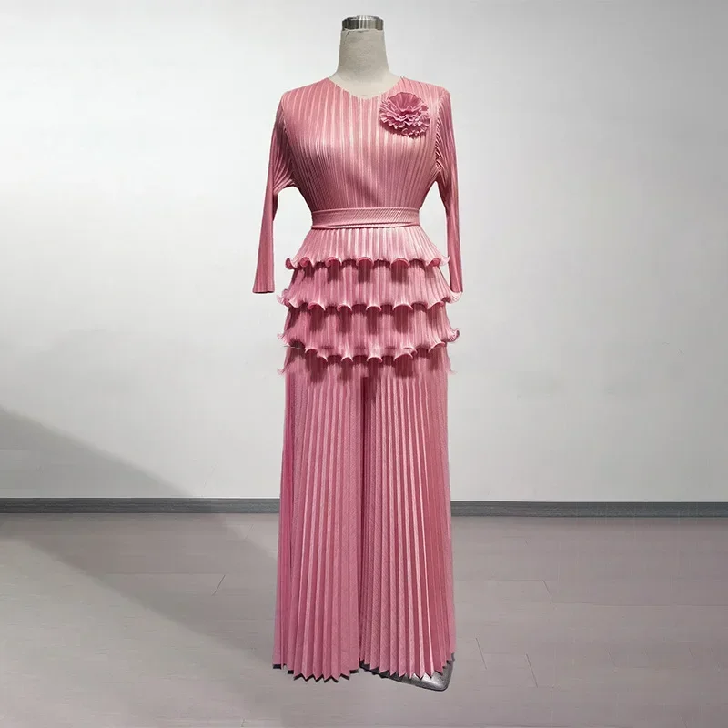 KAF 2025 primavera nuevo traje de mujer Color sólido cuello pico manga larga empalme Top cintura alta Casual pantalones de pierna ancha sueltos