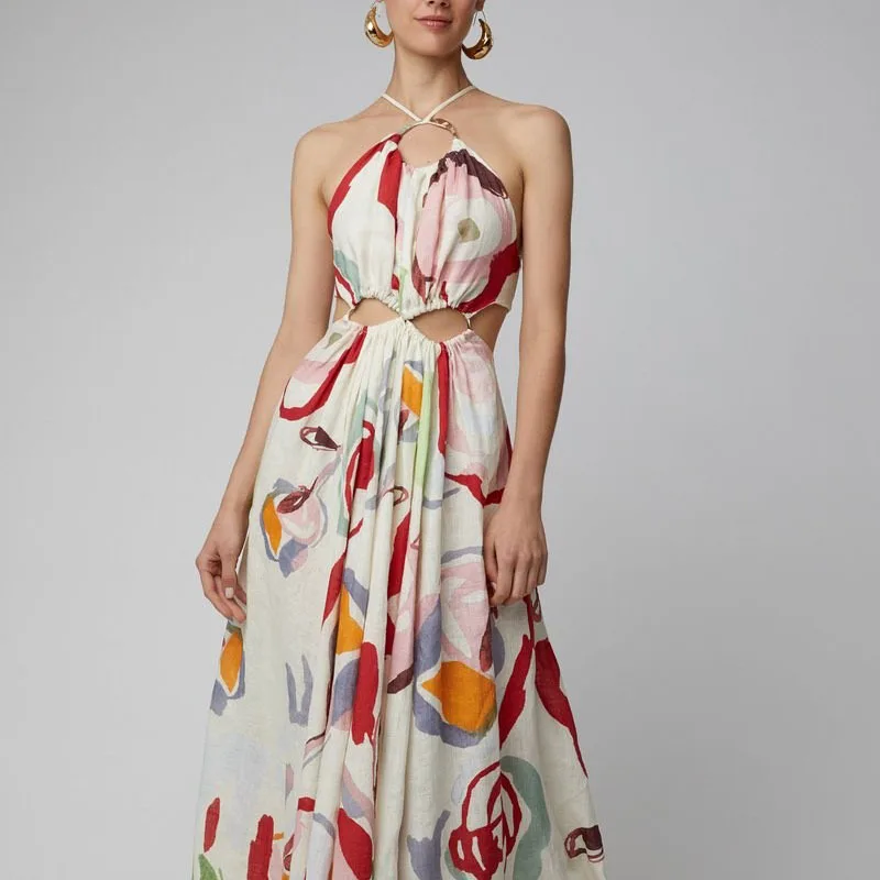 

2025 Spring and Summer New Women's Slim Big Swing Sexy Halter Print Dress