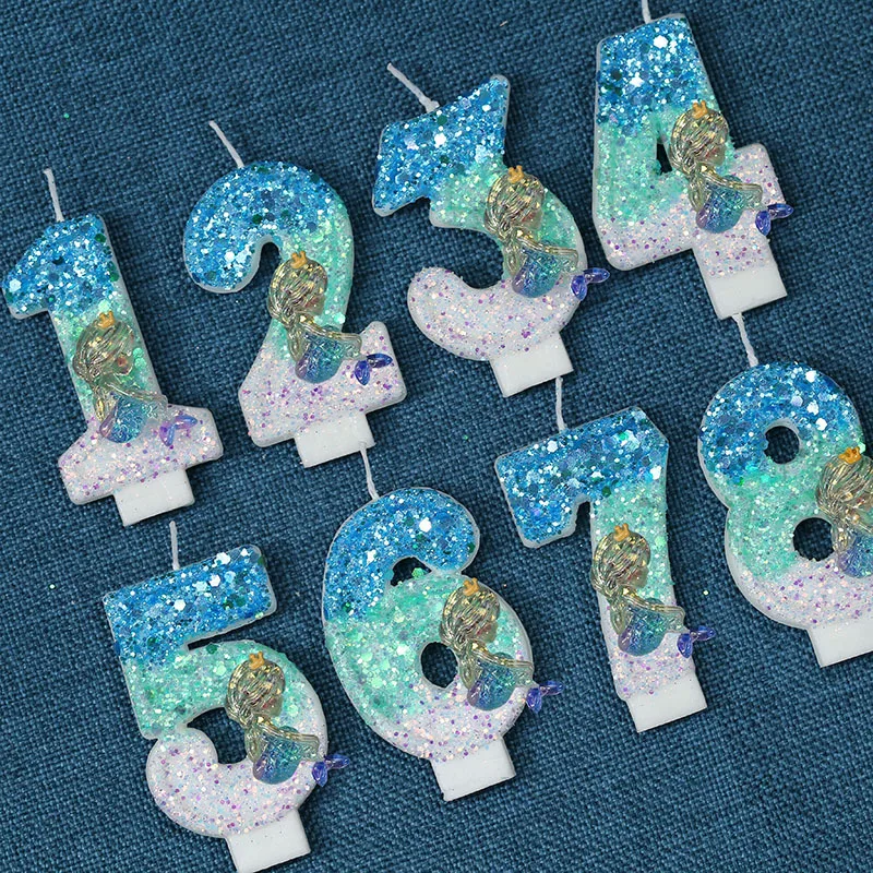 Velas de cumpleaños azul océano para niños, vela de playa con lentejuelas, sirena, fiesta de cumpleaños, decoración de pastel de boda, número 0-9