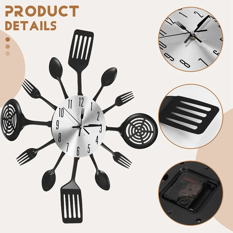 16 Inch Large Kitchen Wall Clocks with Spoons and Forks,3D Tableware Wall Clock Room Home Decoration(Black)-ROWI